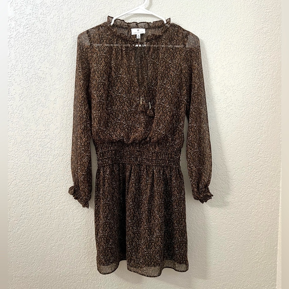 SOCIALITE Brown Floral Sheer Long sleeves Boho Tassel Mini Casual Dress XS